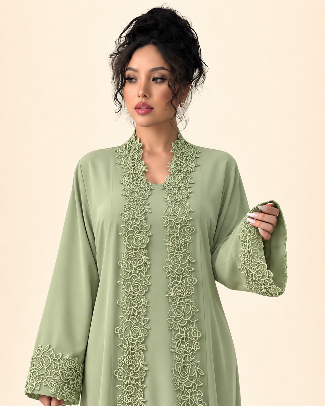 Matcha Green Floral Lace Party Abaya