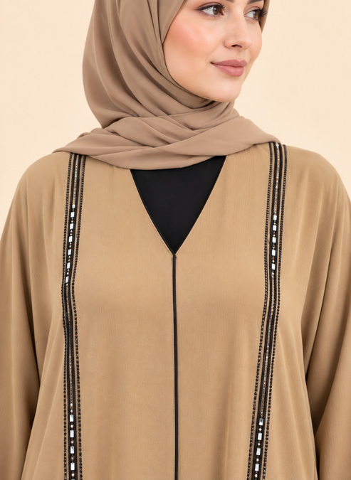 Desert Luxe Camel Embellished Abaya with Hijab