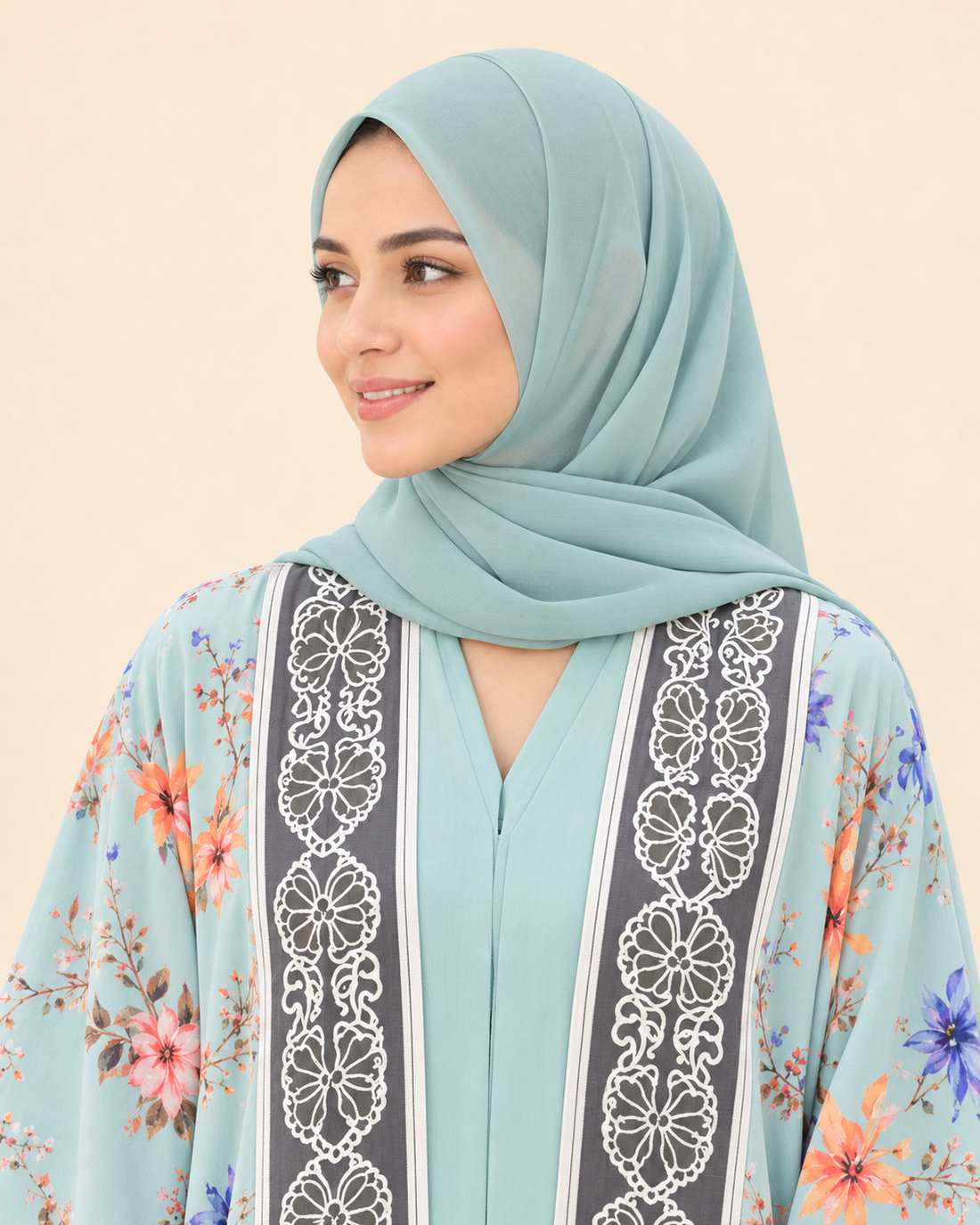 Aqua Blossom Floral Printed Abaya with Hijab
