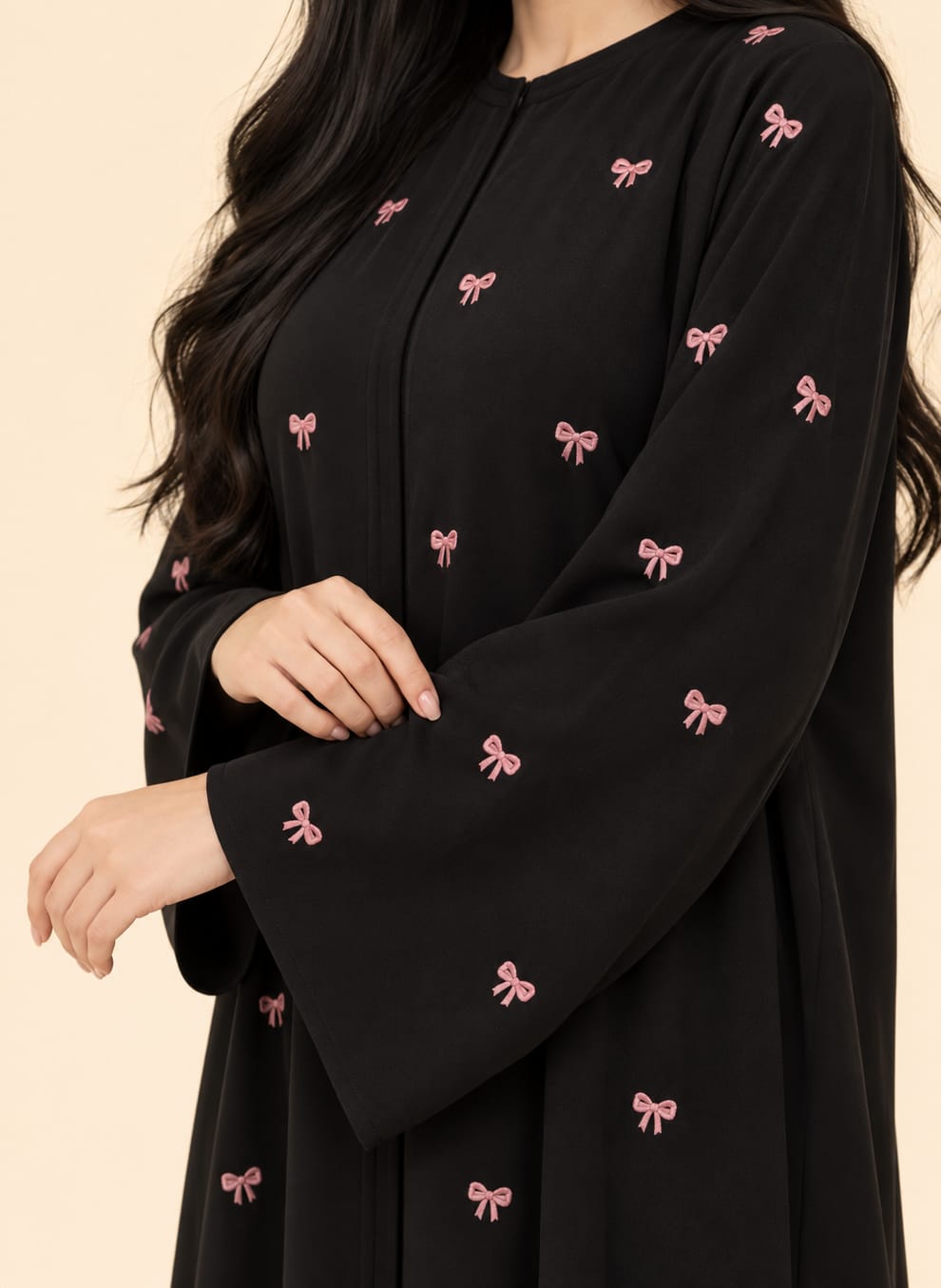 Black pink Bow Embroidrd Abaya