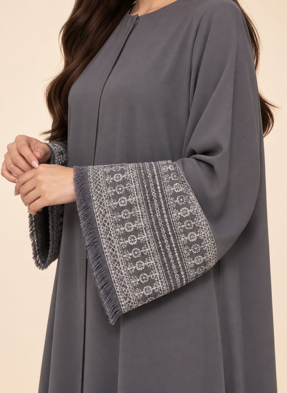 Grey Fringe Trim Abaya
