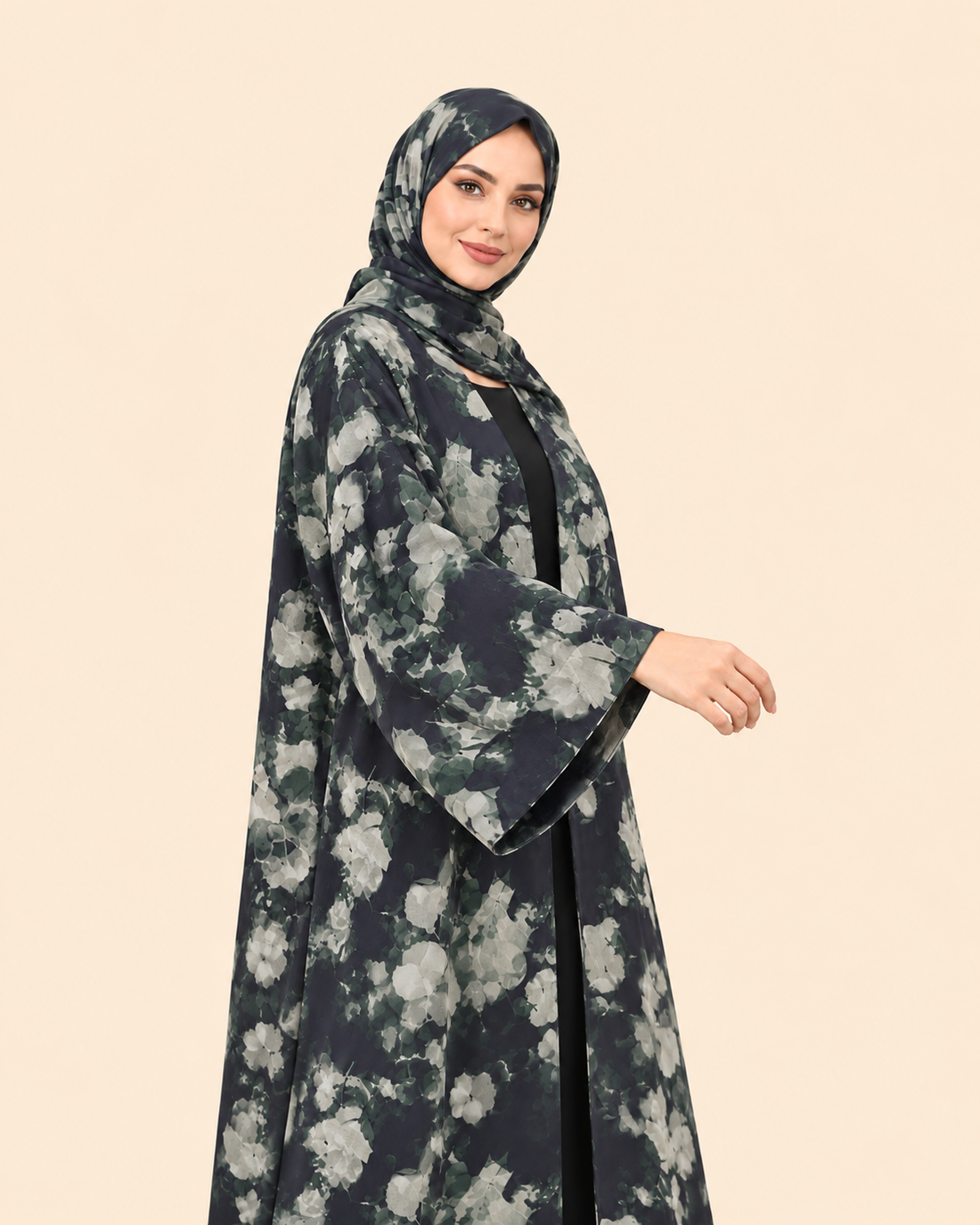 Midnight Garden Charcoal Floral Open Abaya