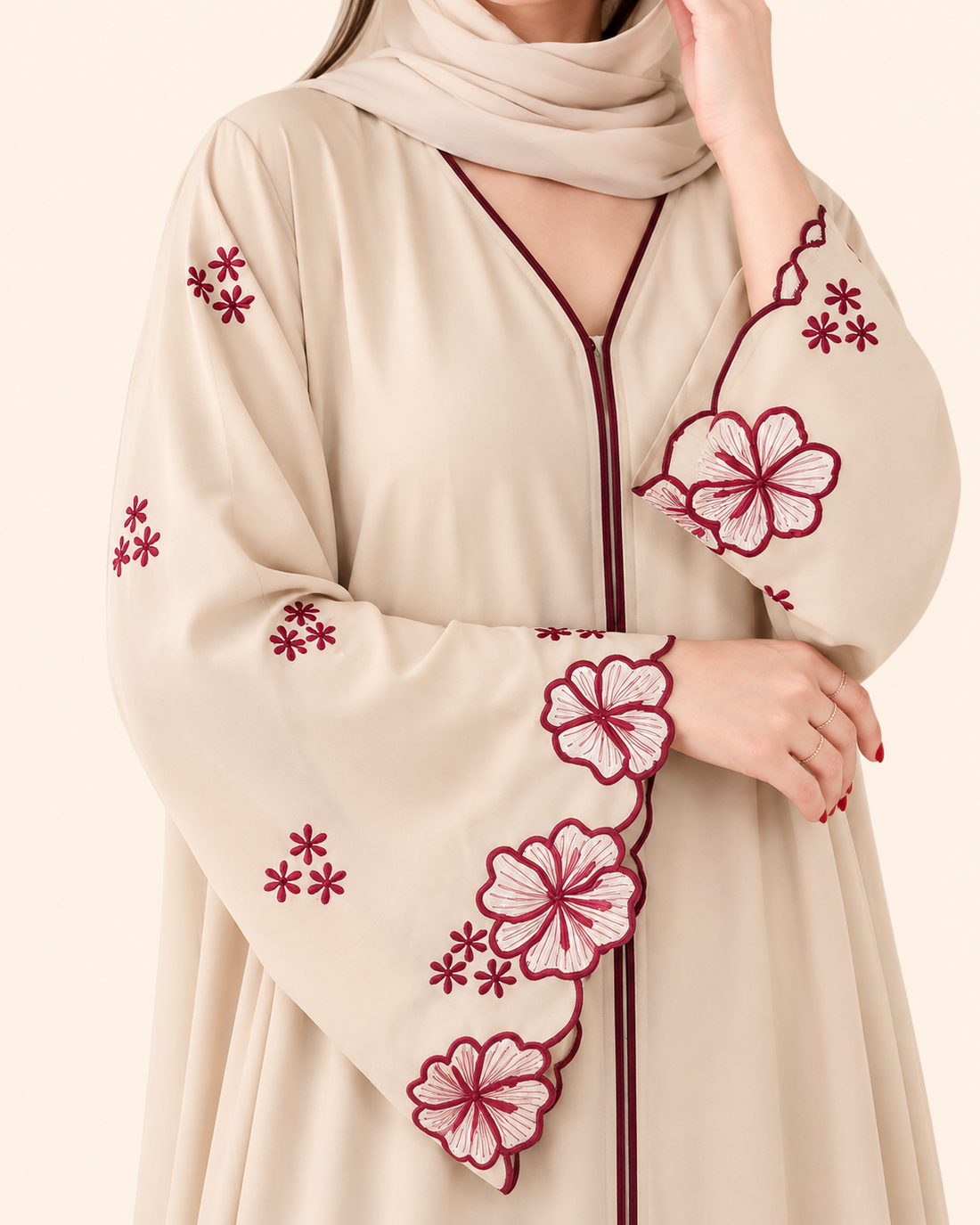 Ivory Bloom Burgundy Embroidered Open Abaya