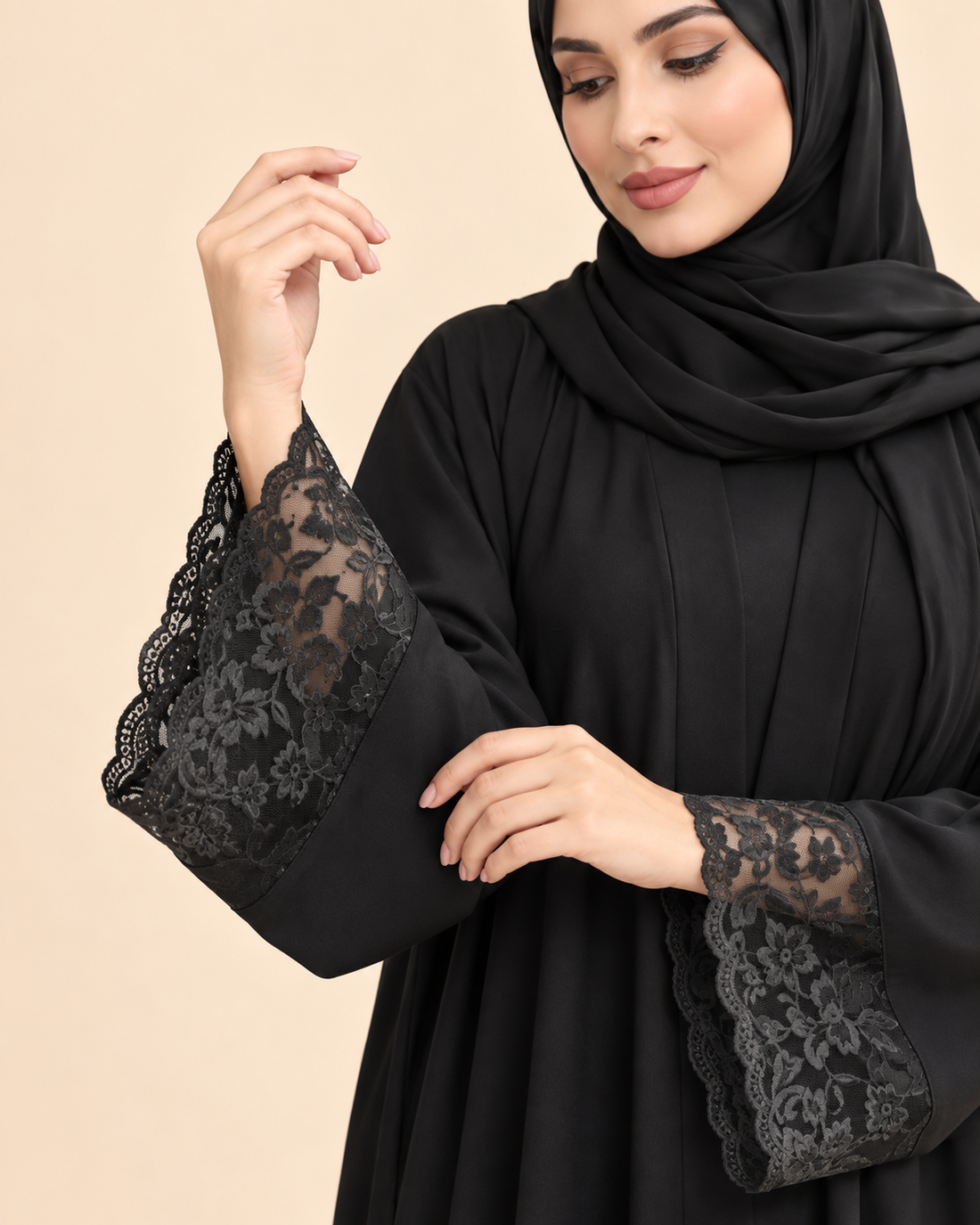 Midnight Black Floral Lace Abaya with Hijab