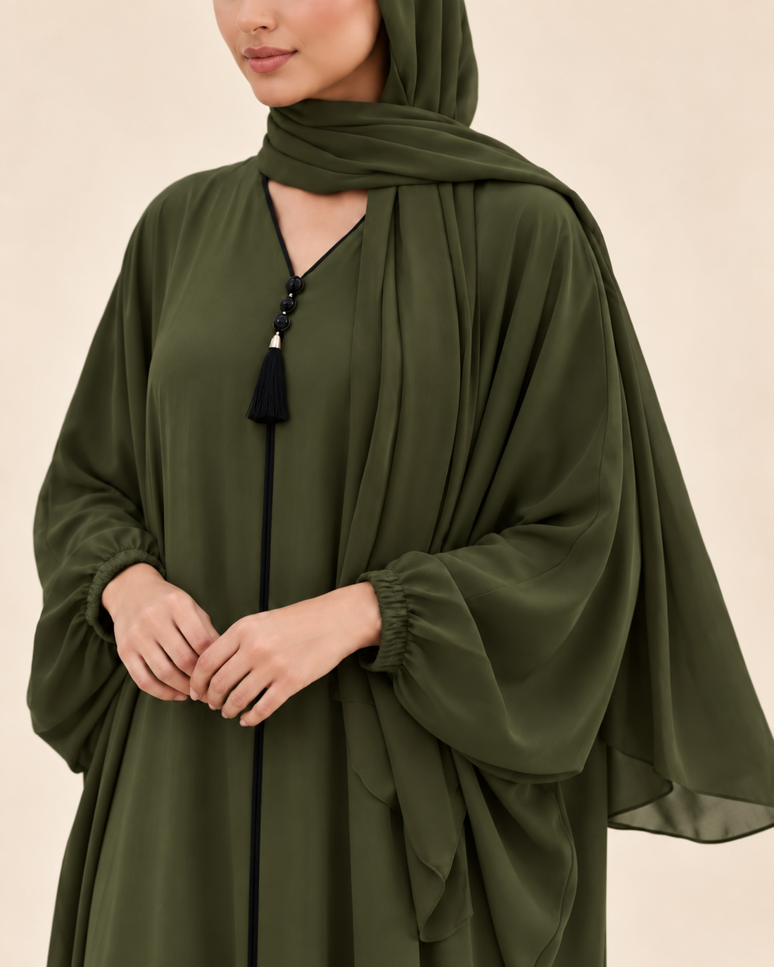 Olive Drape Tassel Abaya with Hijab