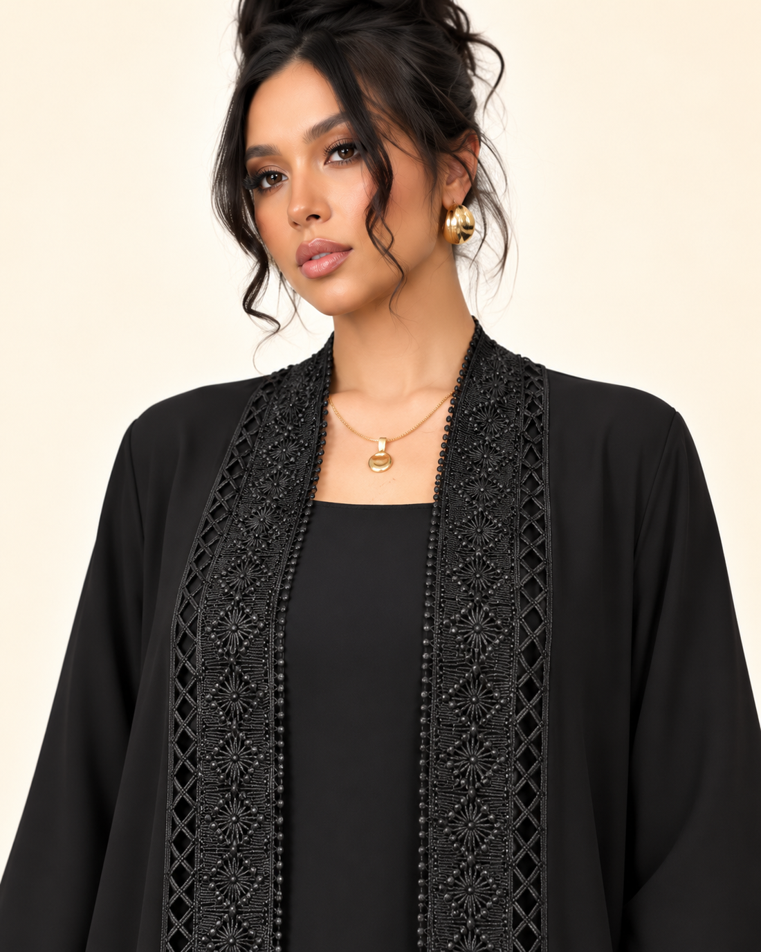 Black Lace Open Abaya 3-Piece Set
