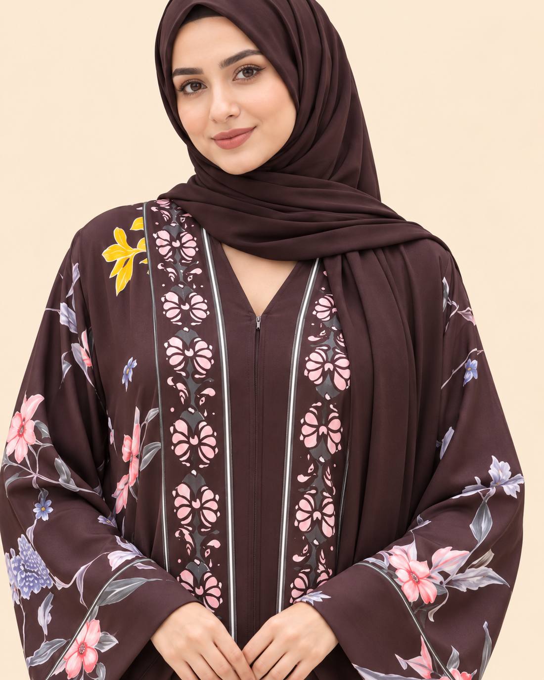 Cocoa Bloom Chocolate Floral Abaya with Hijab