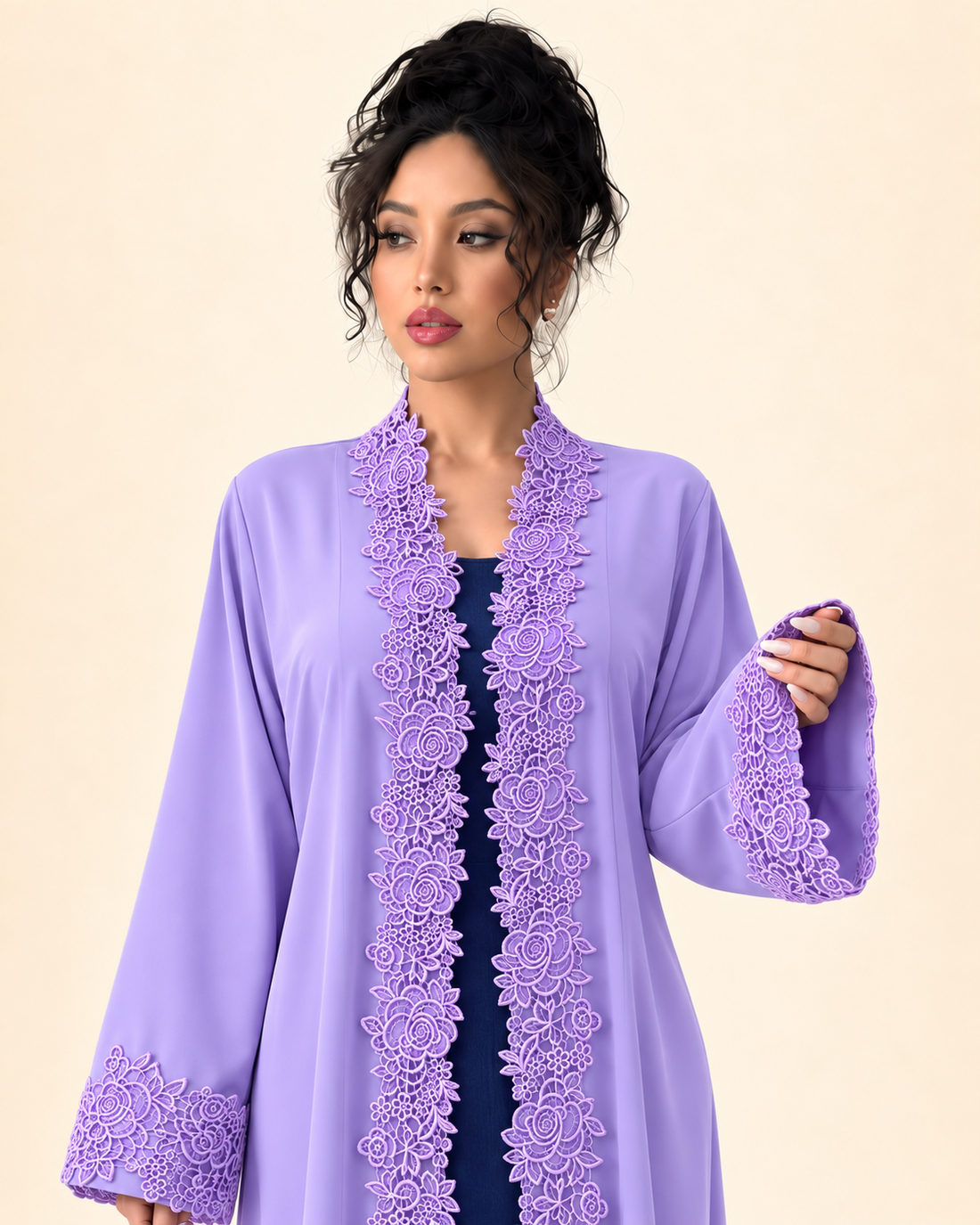 Lavender Floral Lace Party Abaya with Hijab