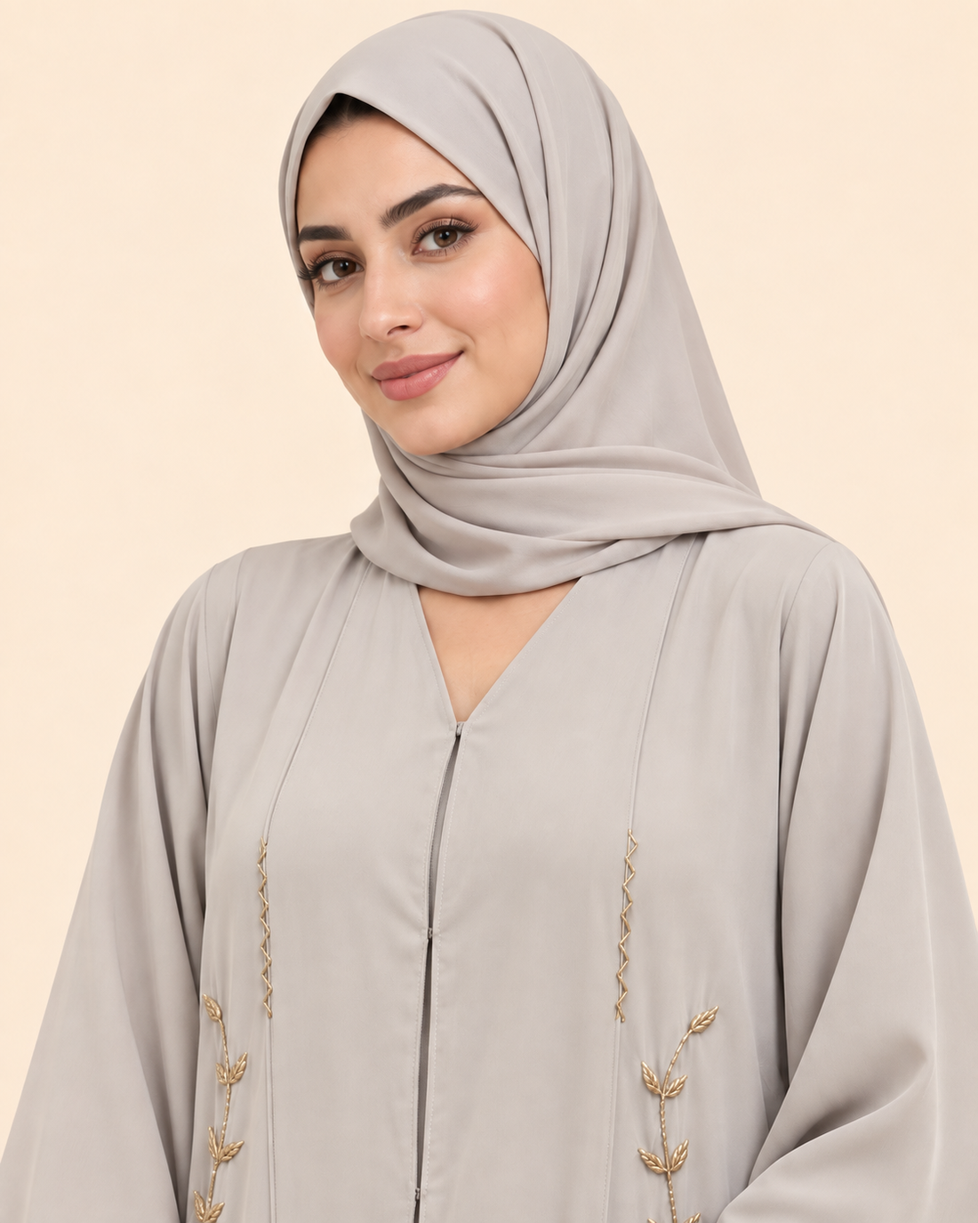 Greige Gold Floral Handwork Open Abaya