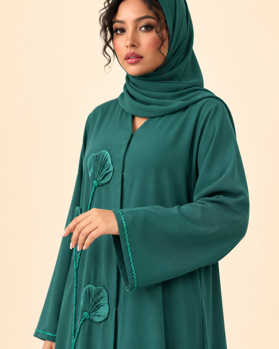 Emerald Bloom Floral Appliqué Open Abaya