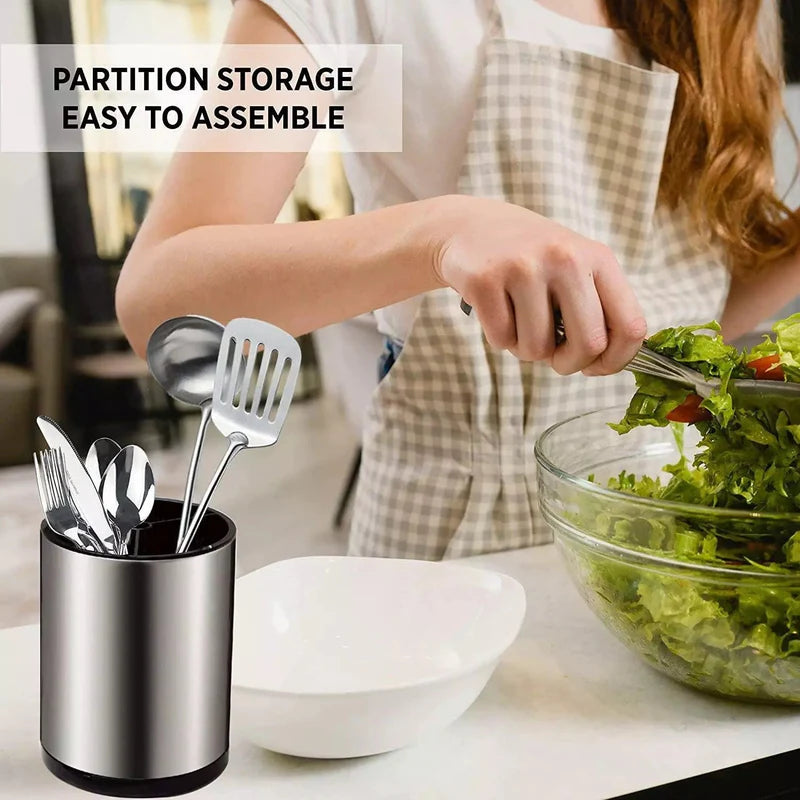 Stainless Steel Rotating Kitchen Utensil Holder with Drainage
