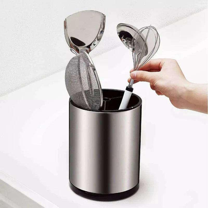 Stainless Steel Rotating Kitchen Utensil Holder with Drainage